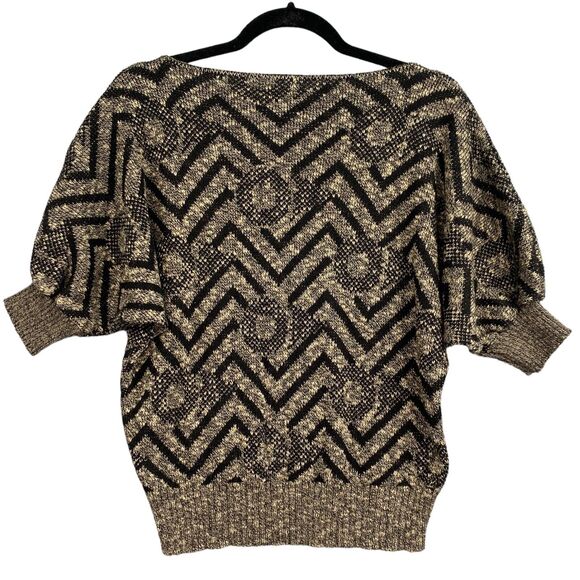 VTG 80s Chevron Batwing Sweater S/M Black Tan Knit Retro Slouchy Y2K Boho Chic - Picture 2 of 12